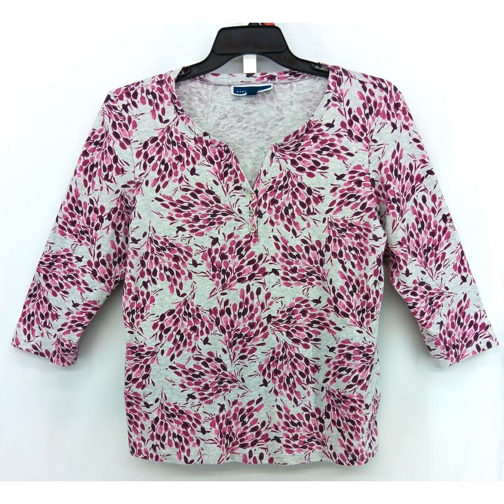Karen Scott Shirt Women Large Gray Purple Floral 3/4 Sleeve Split V Neck Top